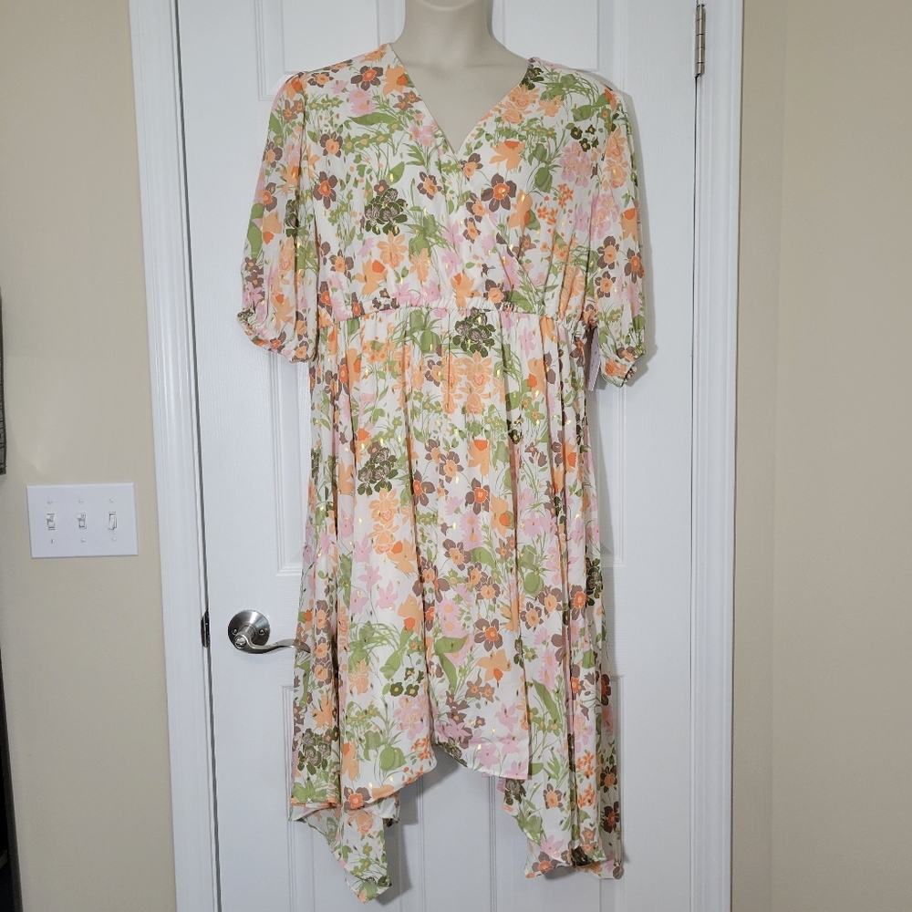 Floral Handkerchief Hem Midi Dress - Pink & Green